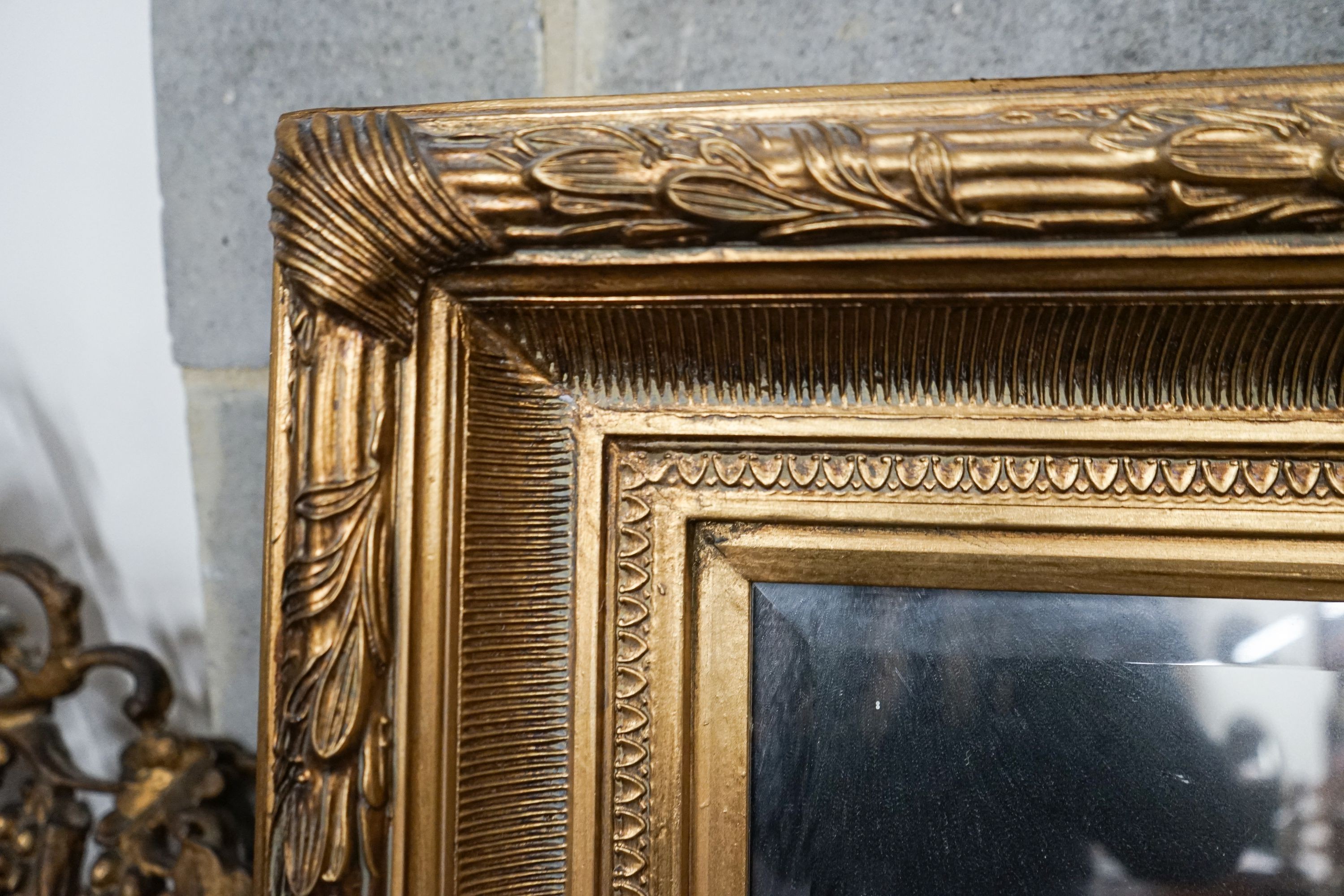 A pair of Victorian style rectangular gilt framed wall mirrors, width 118cm, height 150cm